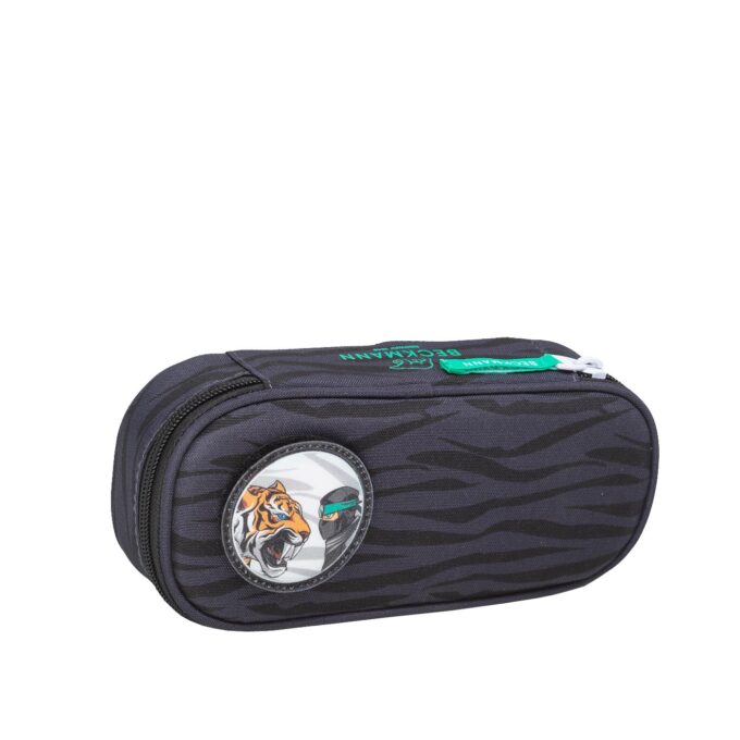 Ovalt pennal ninja tiger, gråsvart med button