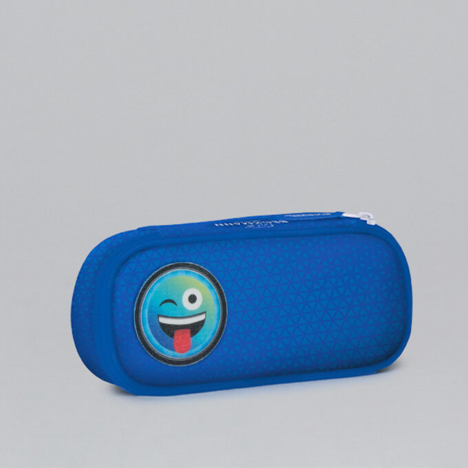 Ovalt pennal patch, blå med smiley button