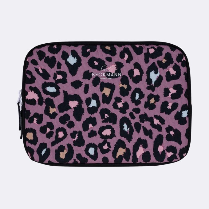 Omslag for nettbrett 12,9", dark safari, rosa og svart leopardmønster, lukkes med glidelås