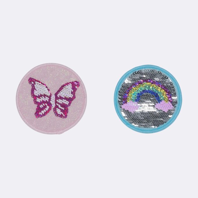 Paljettbuttons, butterfly, rosa med sommerfugl og lyseblå med regnbue
