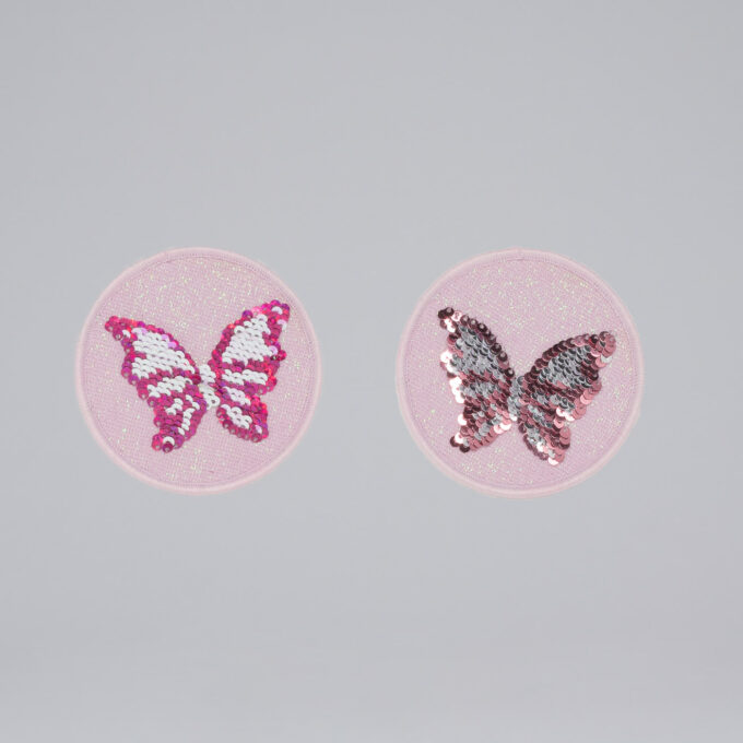 Paljettbuttons, butterfly, rosa med sommerfugl hvor paljettene kan snus