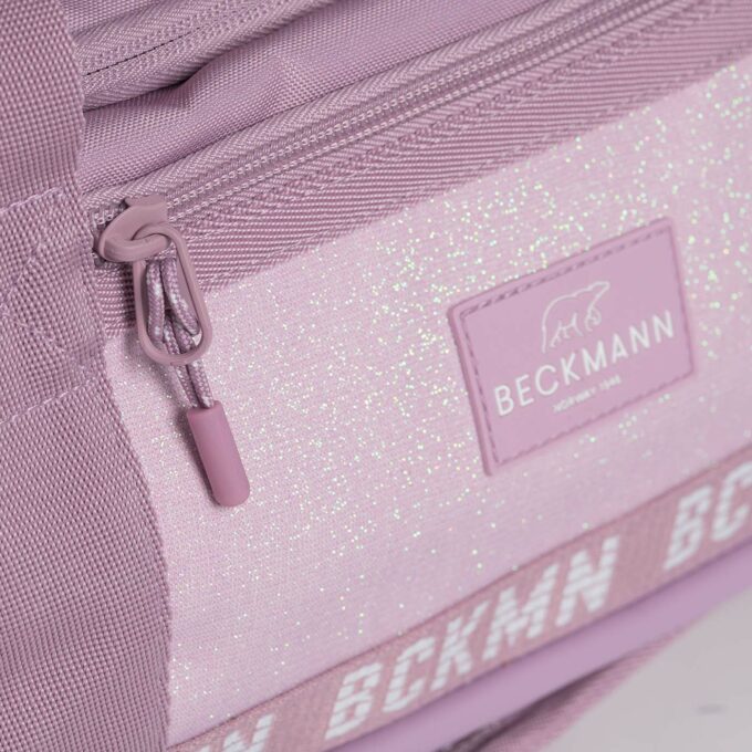 Sport duffelbag, pink glitter, praktisk lomme med glidelås og beckmann logo