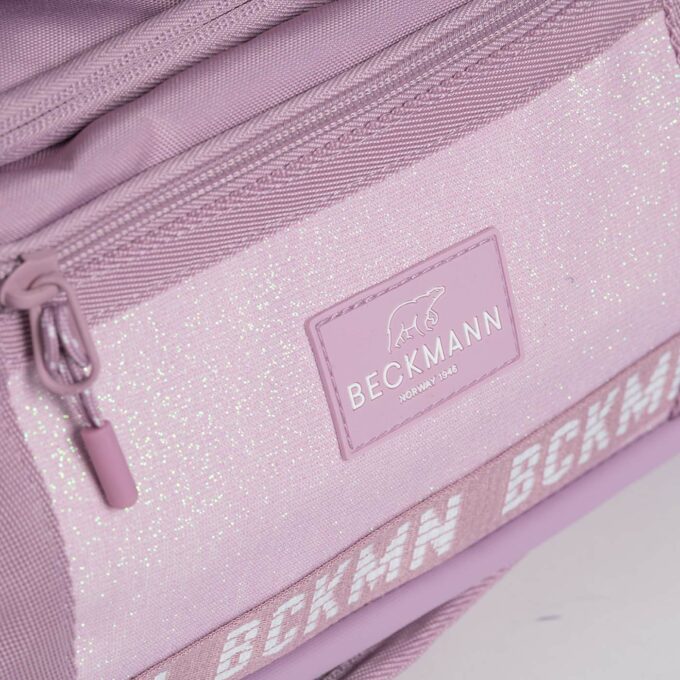 Sport duffelbag, pink glitter, praktisk lomme med glidelås og beckmann logo